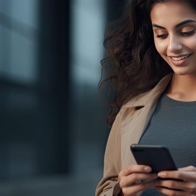 Young Indian woman holding a smartphone texting on social media isolated on grey background