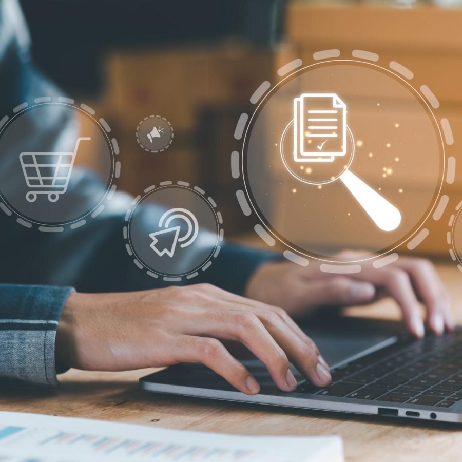 Startup Analyzing and examining online product sales business reports ,with charts and market statistics ,shopping cart and promotional items ,management and auditing of documents ,E-commerce concept